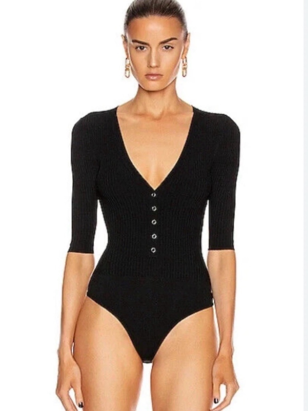 A.L.C. Black Ribbed V-Neck Button Bodysuit